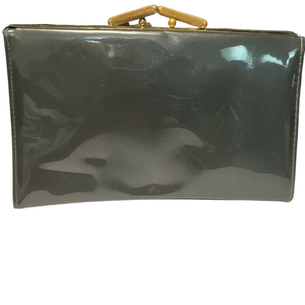Vintage Gunmetal grey vinyl faux leather kiss lock clutch